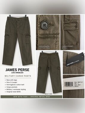 James Perse Military Cargo Pants NWT Size 3 Large Olive Herringbone Utility $395